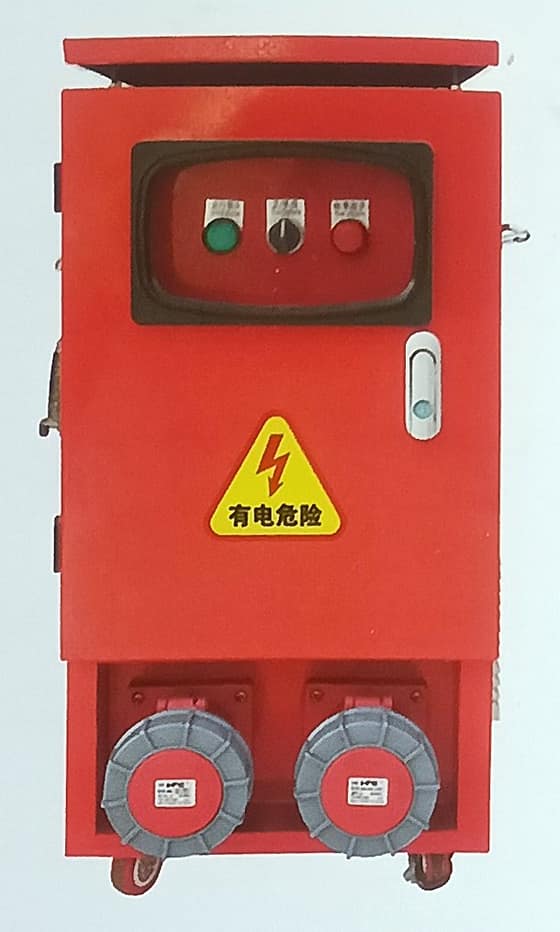 Red waterproof control cabinet with two circular waterproof sockets and a warning label on the door