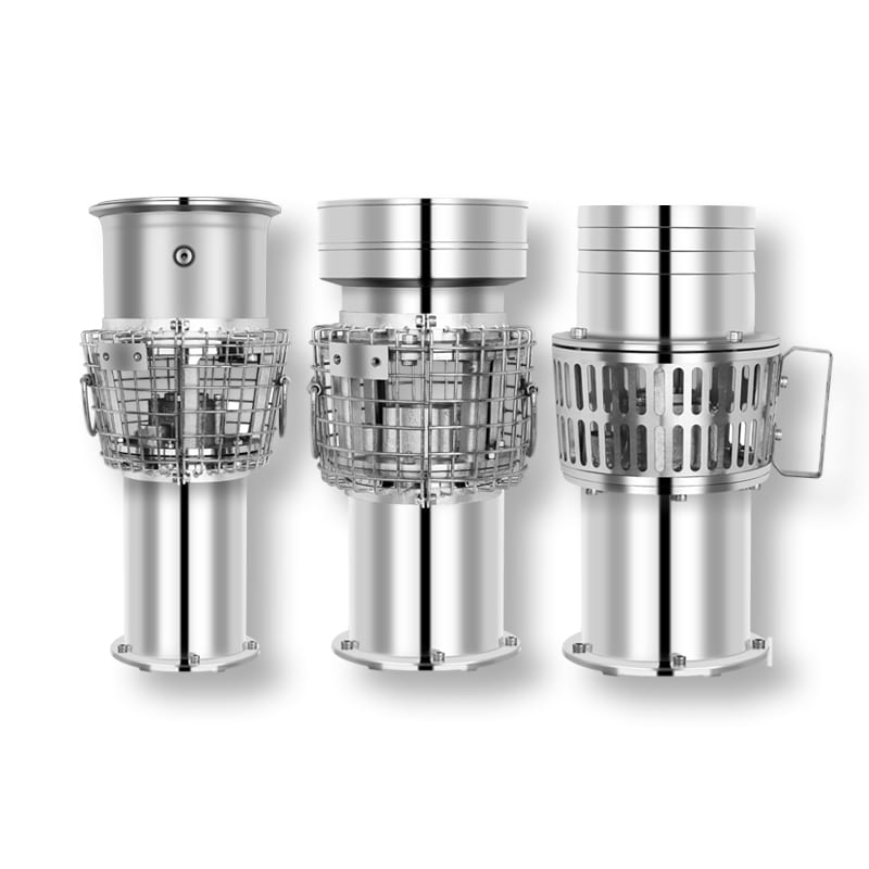 Three stainless steel permanent magnet pumps side by side on a white background, each with a different strainer cage style